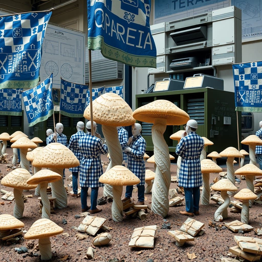 Porcelain Bureaucrats Counting Mushrooms in Dystopian Landsc...
