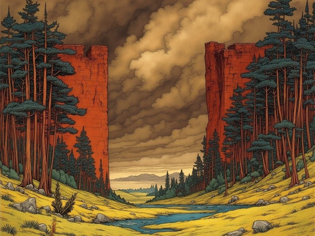 Alien Pine Forest Between Red Cliffs