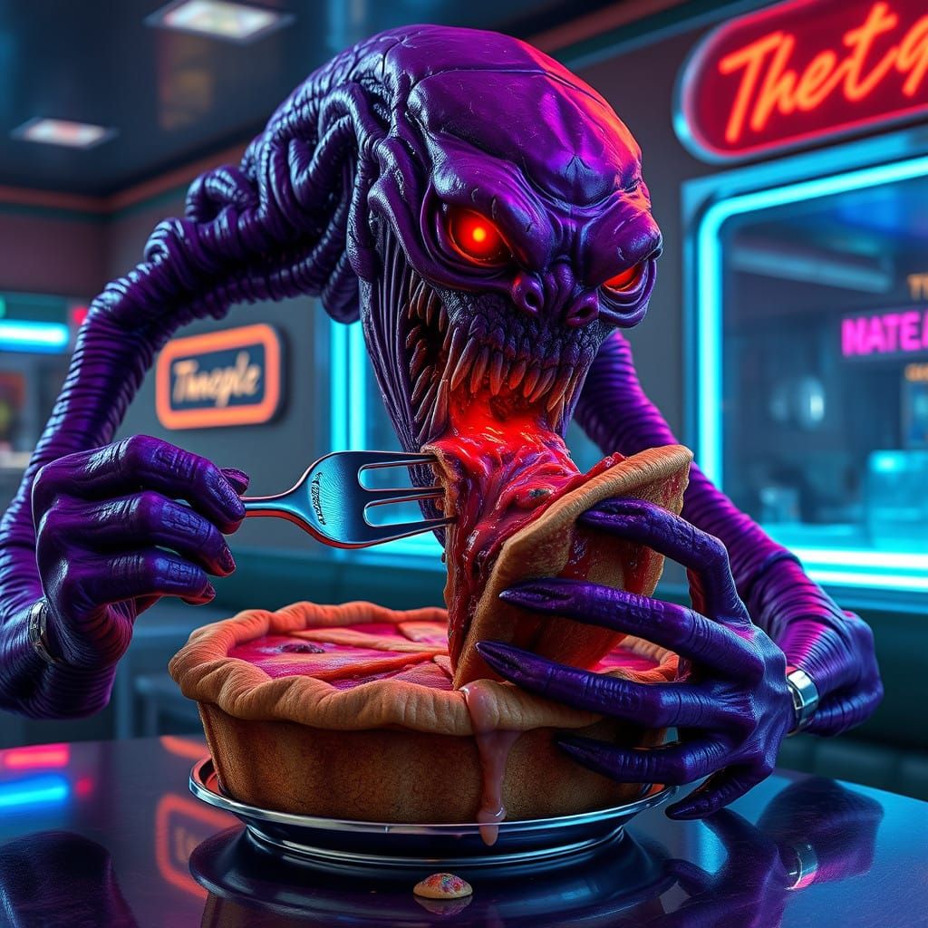 Cyberpunk Creature Devours Pie in Neon-Lit Diner