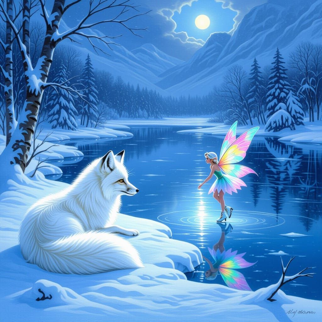 Fox and Fairy on Frozen Lake: Fantasy Oil Painting