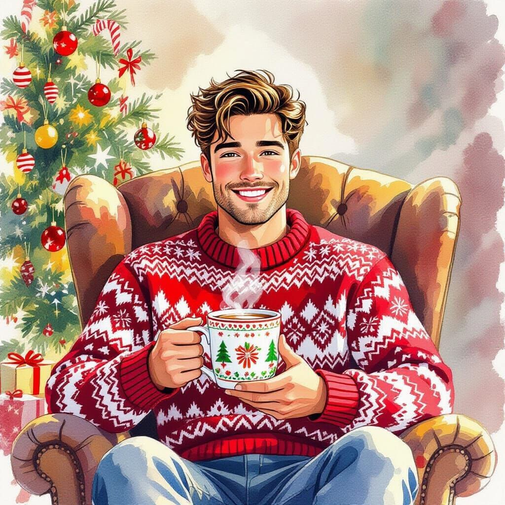 Cozy Christmas Scene: Man with Hot Chocolate by Tree