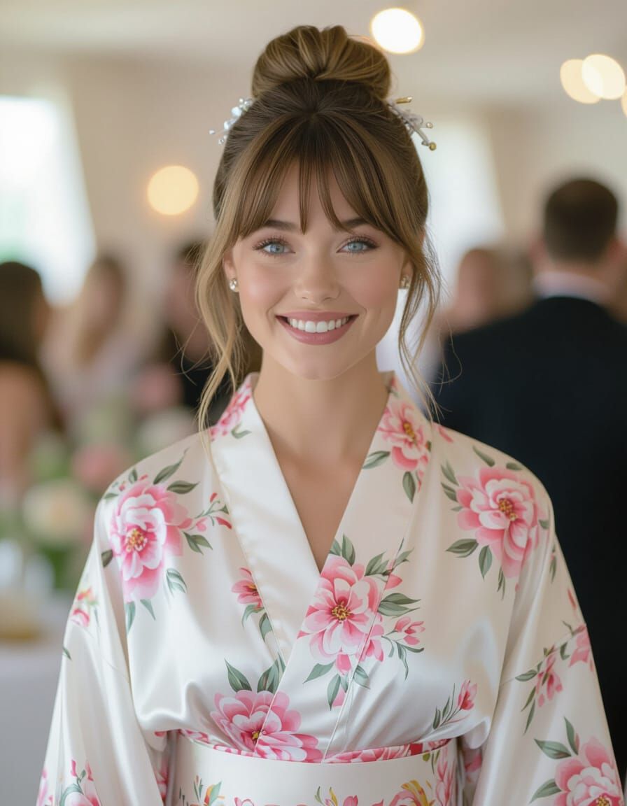 Bride in Floral Kimono at Wedding Reception