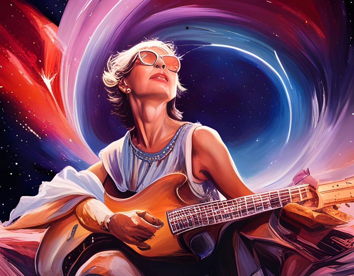 Guitar-Playing Grandma on Spaceship Under Starry Sky