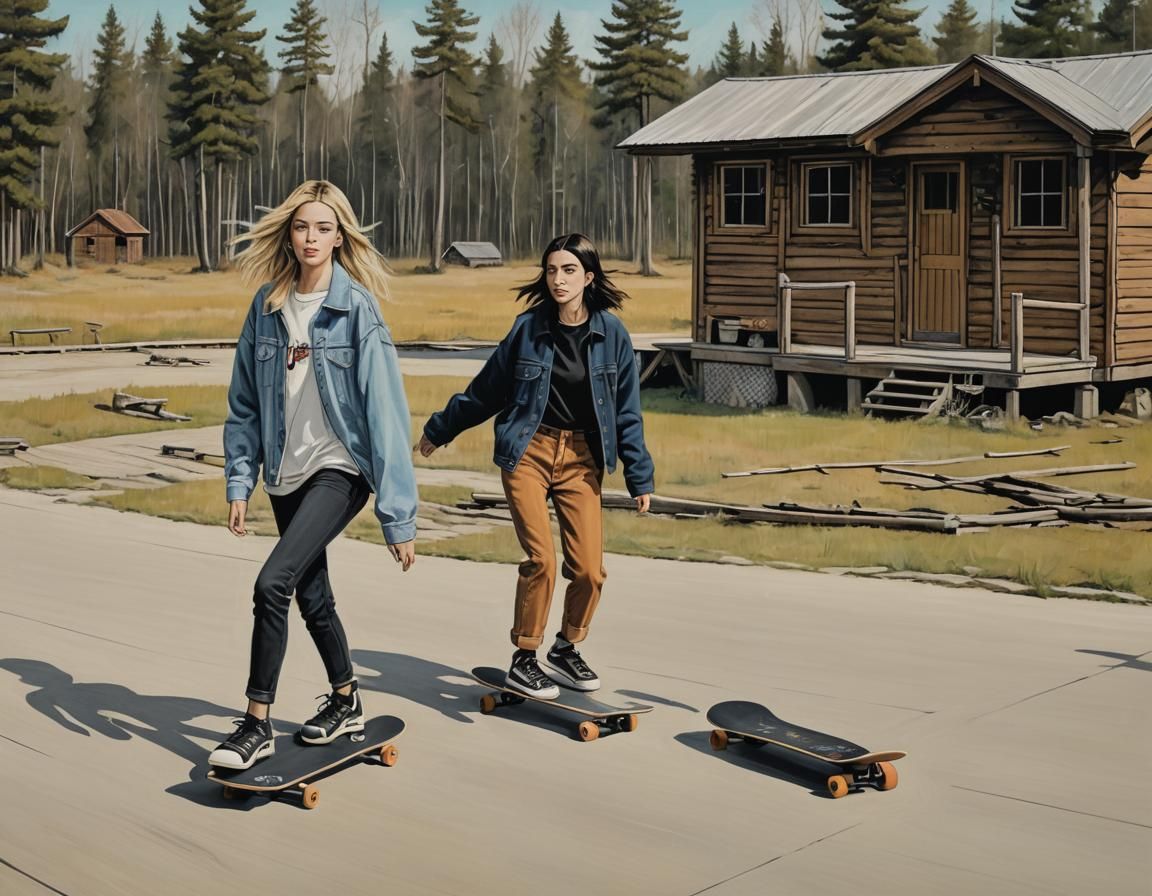 miley cyrus and dua lipa skateboard skating in front of a wo...