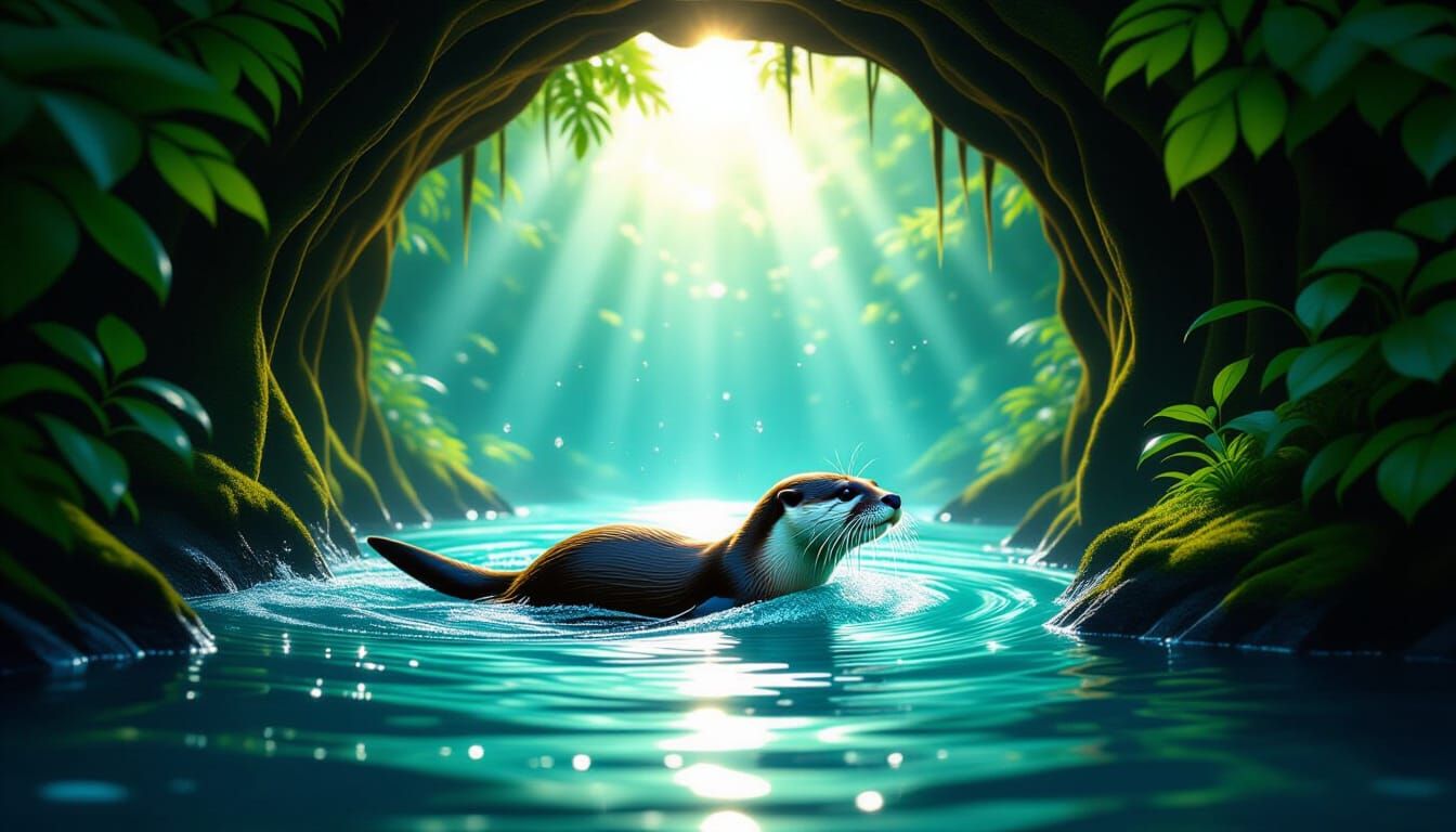 Joyful Otter Diving Through Forest Portal