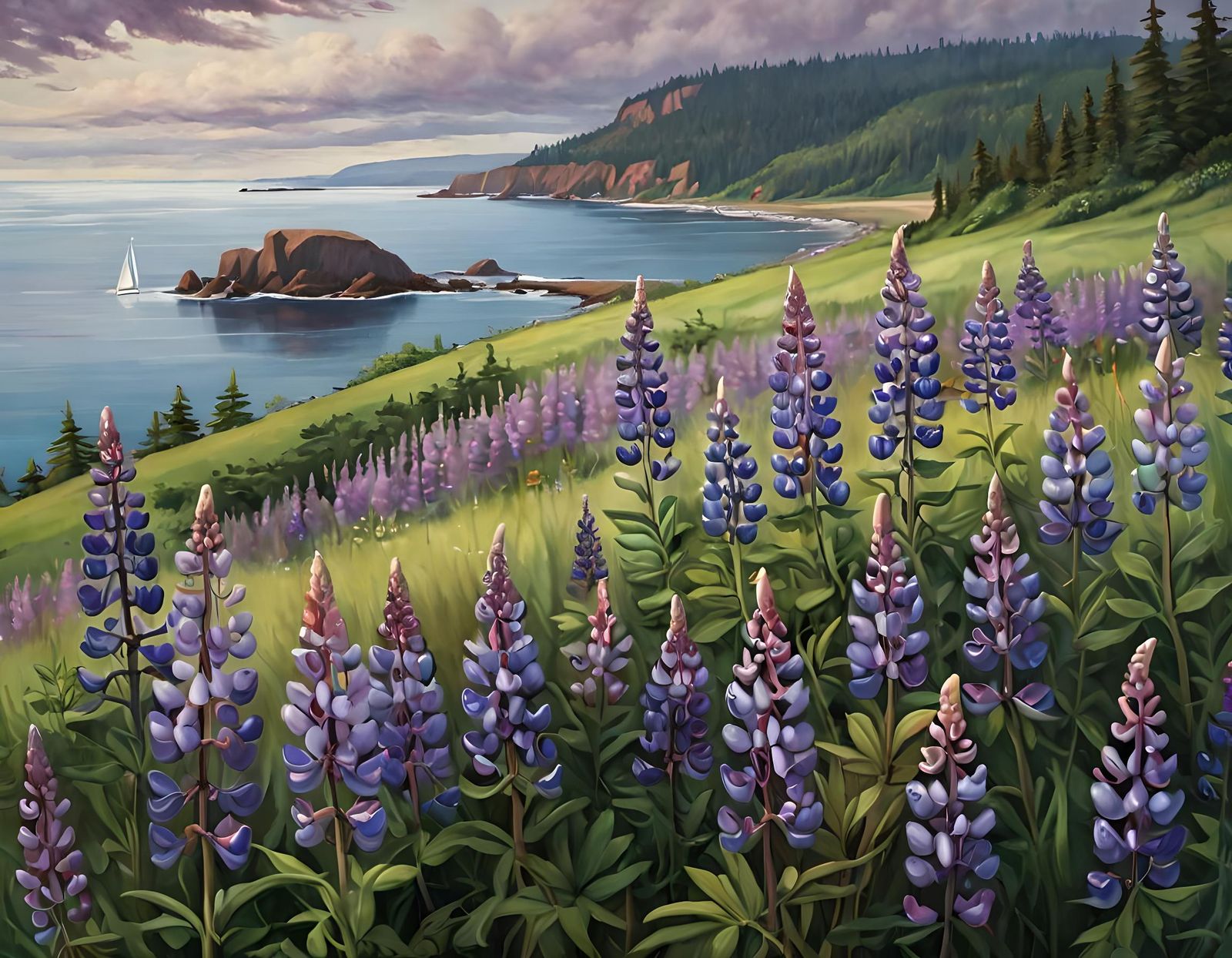 Lupine Fields by the Bay as Oil Painting