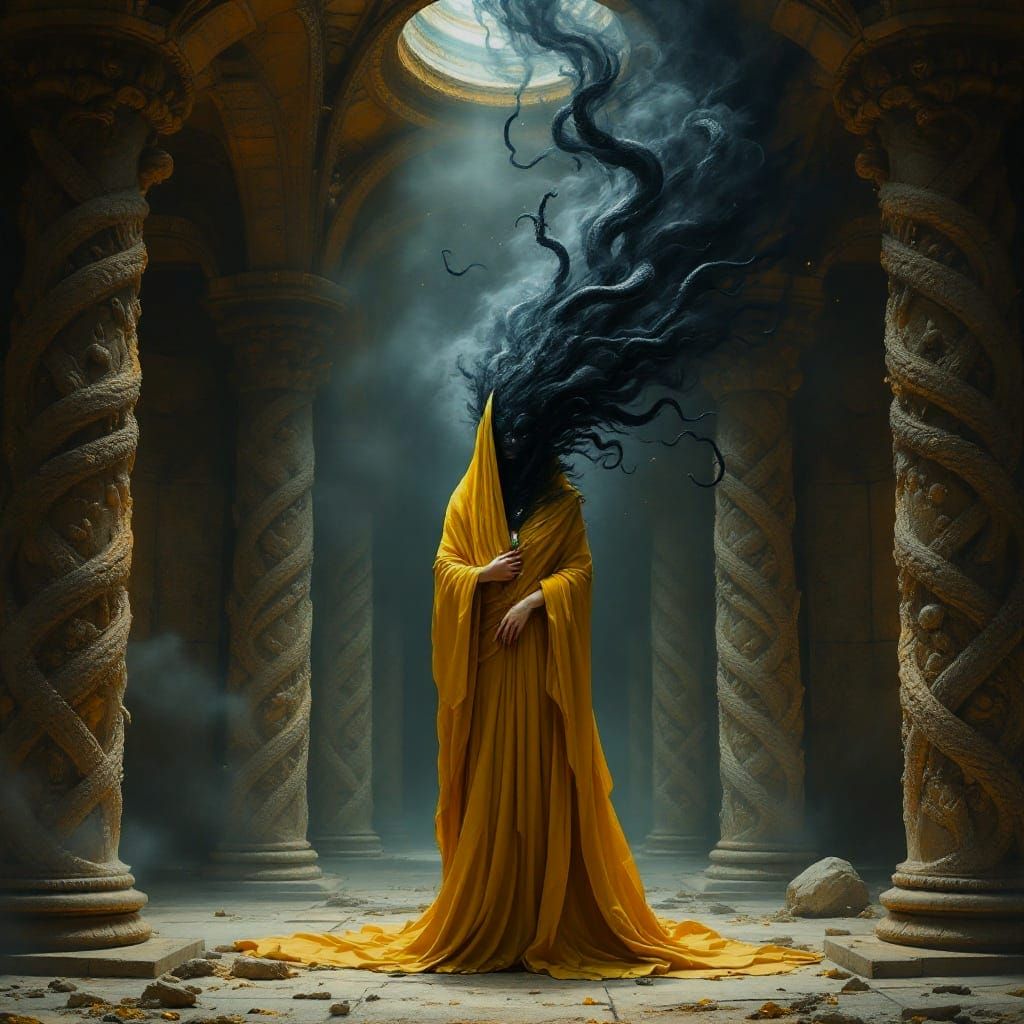Surreal Dark Fantasy Goddess Emerges from Ancient Temple