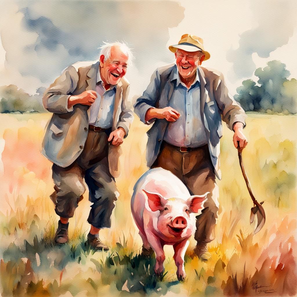 Men Chase Pig in Impressionist Watercolor Painting