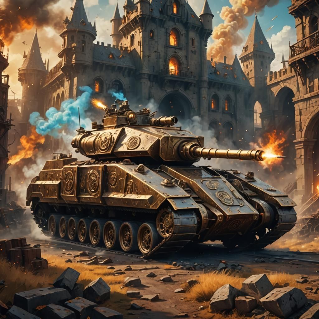 Steampunk Armored Vehicle Amidst Magical Chaos