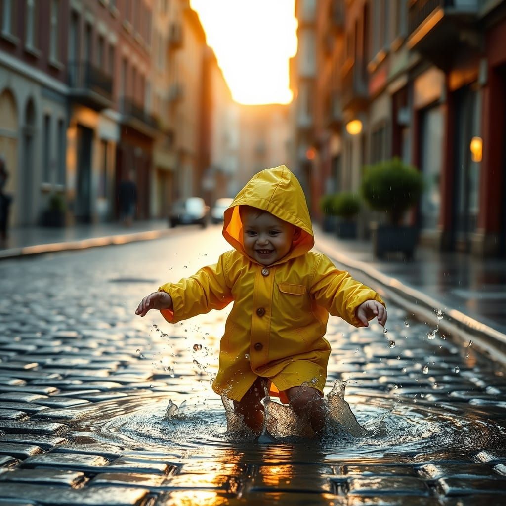 Child in Yellow Raincoat Splashing in Puddle