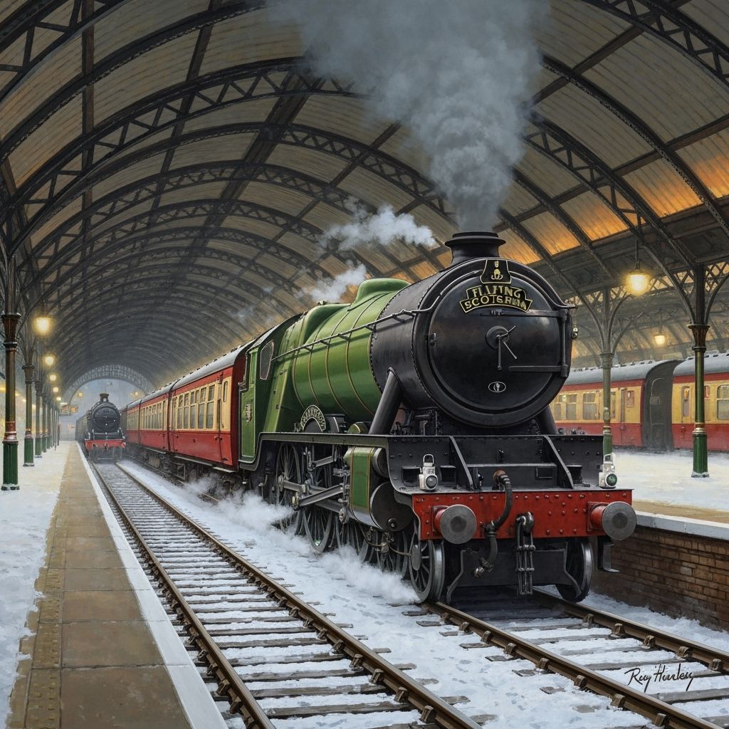 The Flying Scotsman Steam Train at Night Station
