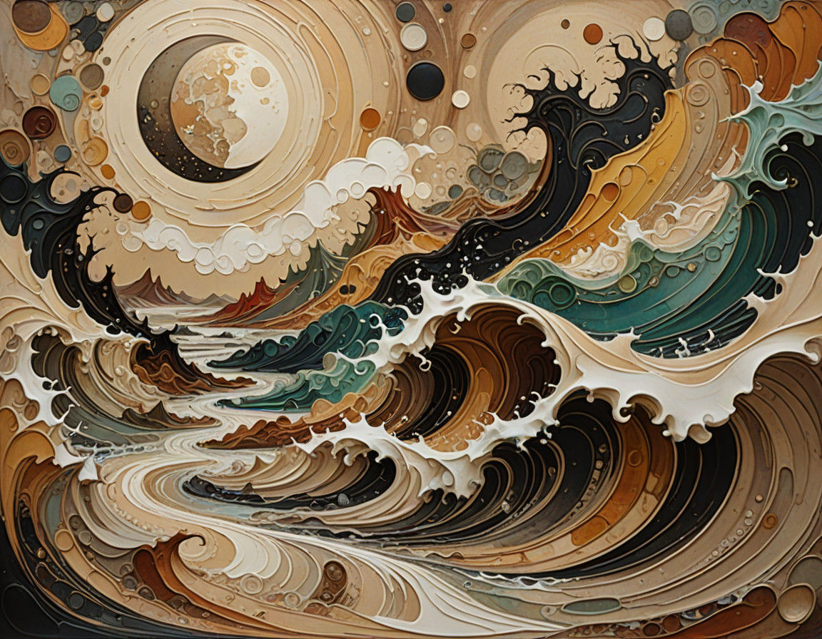 Surreal Moonlit Scene with Textured Waves