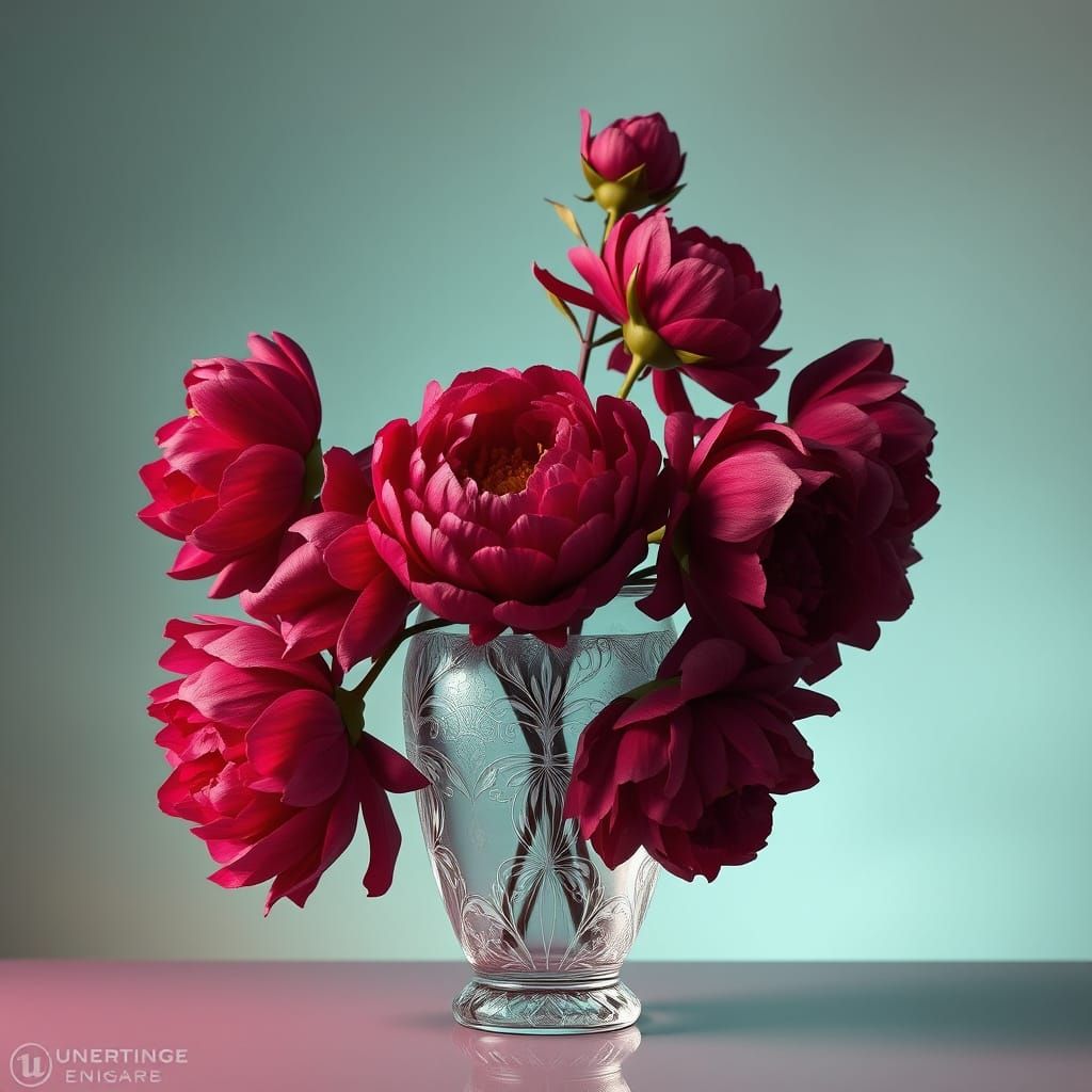 Crystal Vase Filled with Burgundy Peonies in Fantasy Concept...