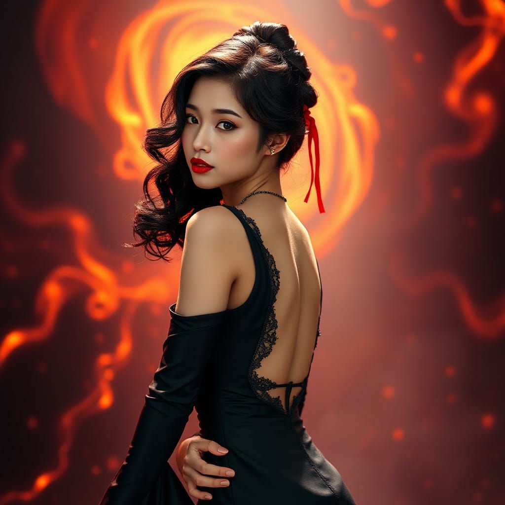 Elegant Burmese Woman in Red Ribbon Updo