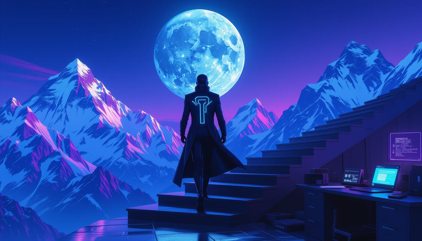 Supervillain on Penrose Staircase with Neon Accents