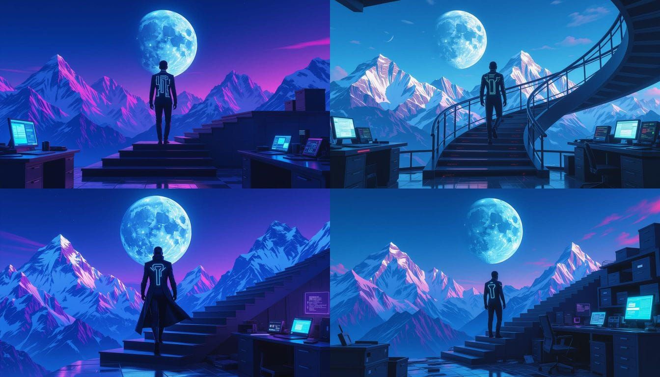 Supervillain on Penrose Staircase in Neon-Lit Lair