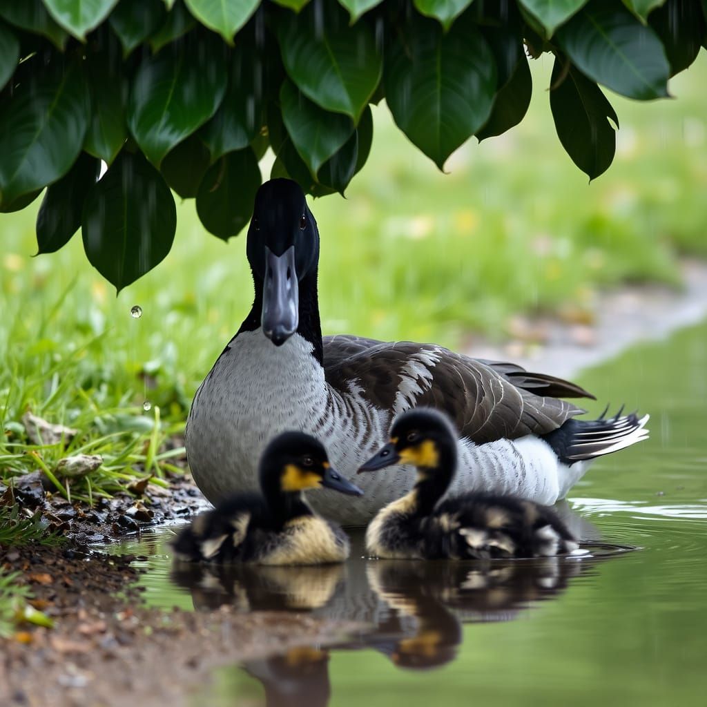 Duck Family Sheltering from Rain