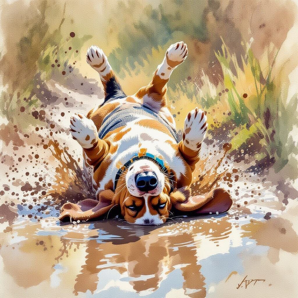 Joyful Basset Hound Splashes in Mud Puddle, Watercolor Style