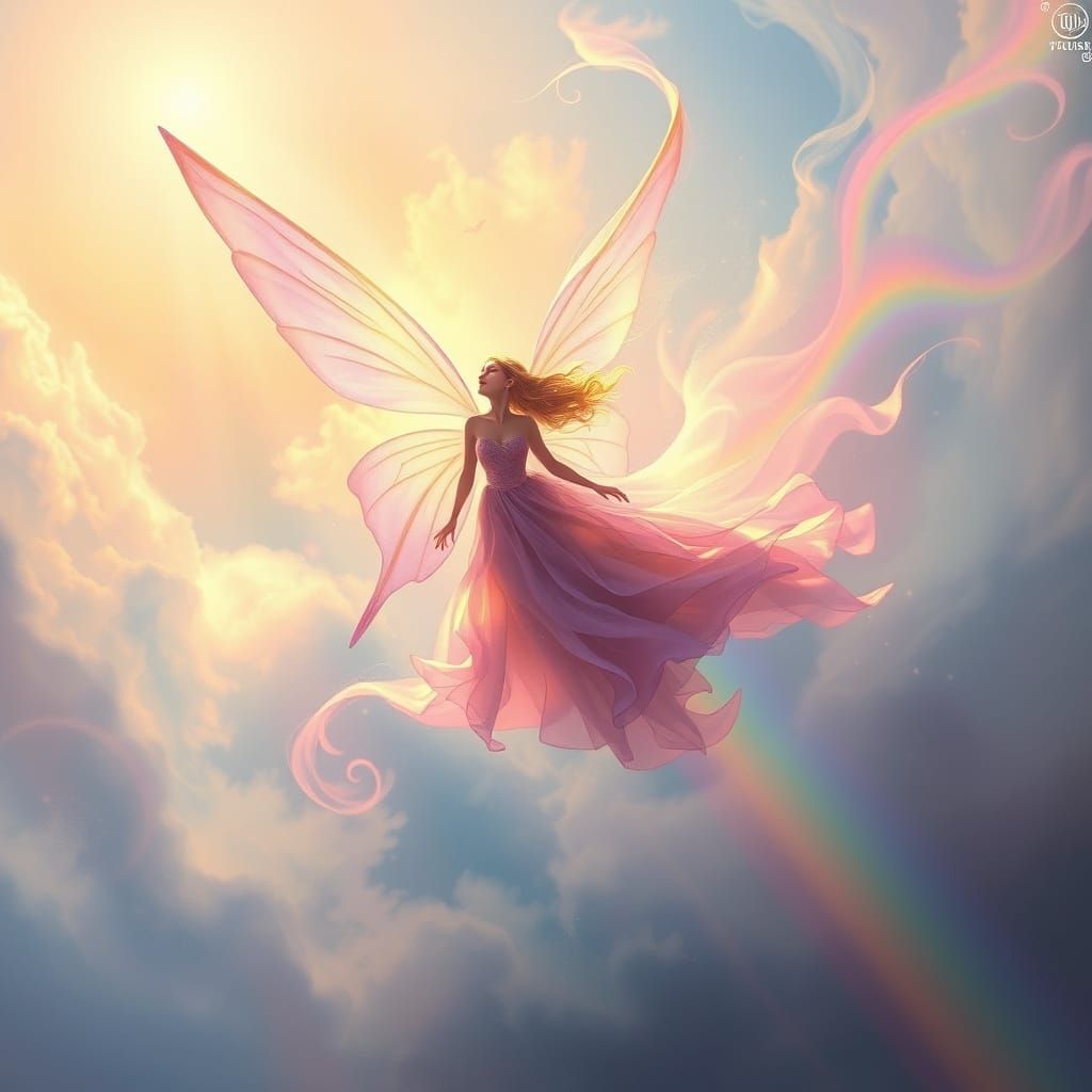 Ethereal Fairy Soaring Through Rainbow Mist