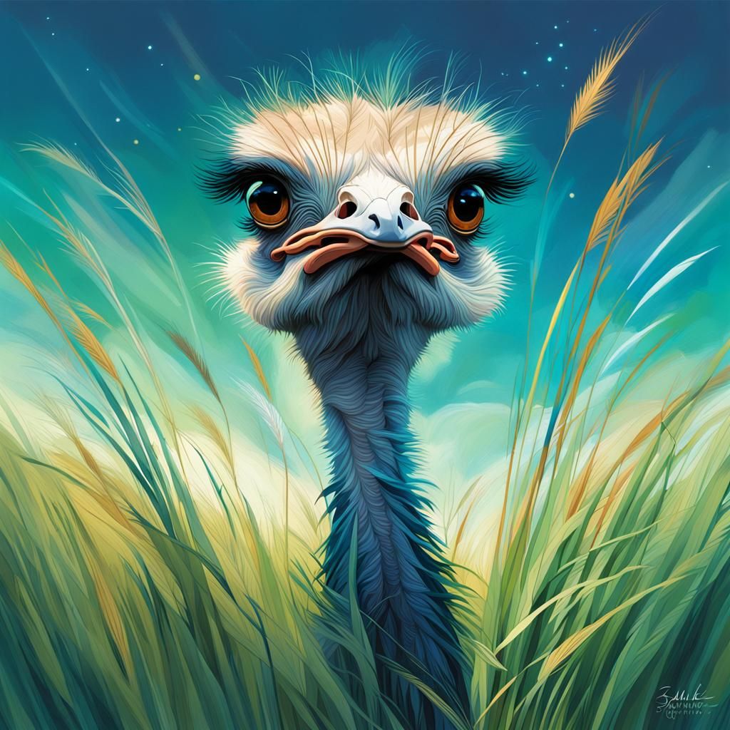 Surreal Ostrich Portrait in Dreamlike Landscape