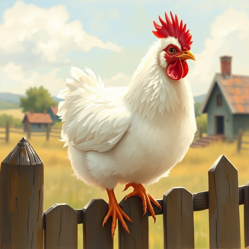 Grumpy Chicken on Fence, Beatrix Potter Style