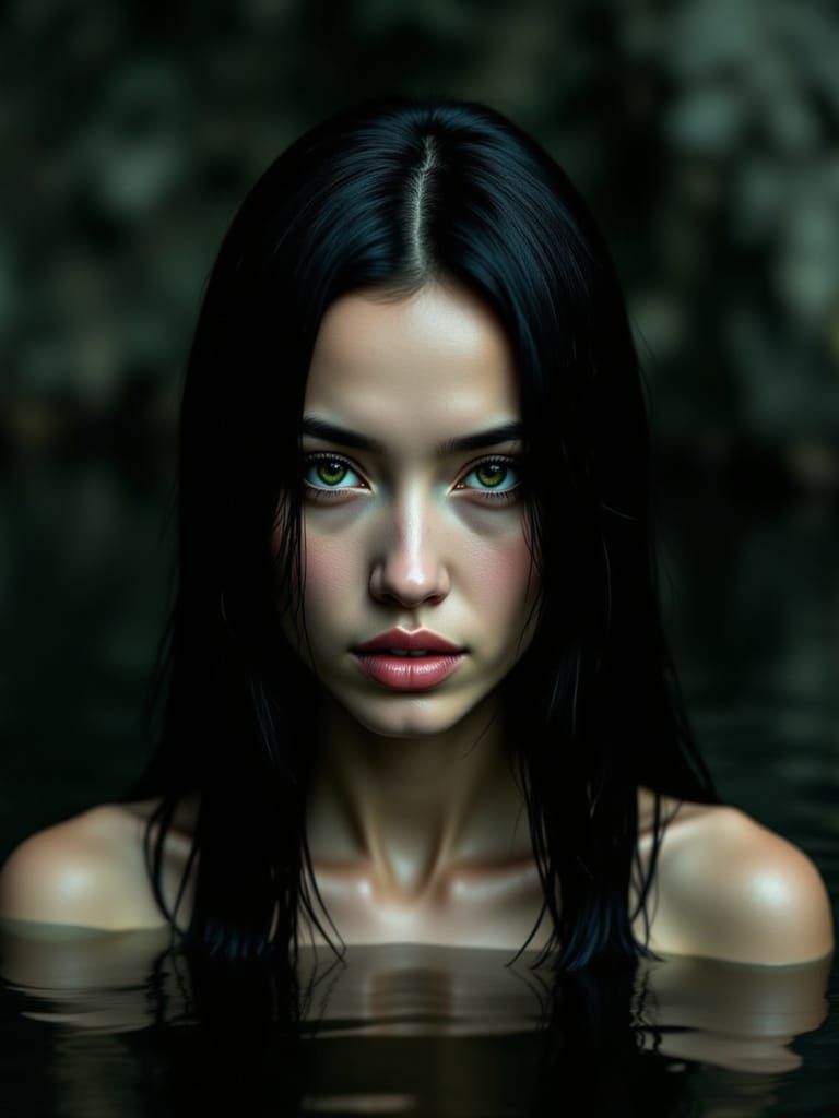 Ethereal Woman Emerges from Pool as Photoreal Portrait