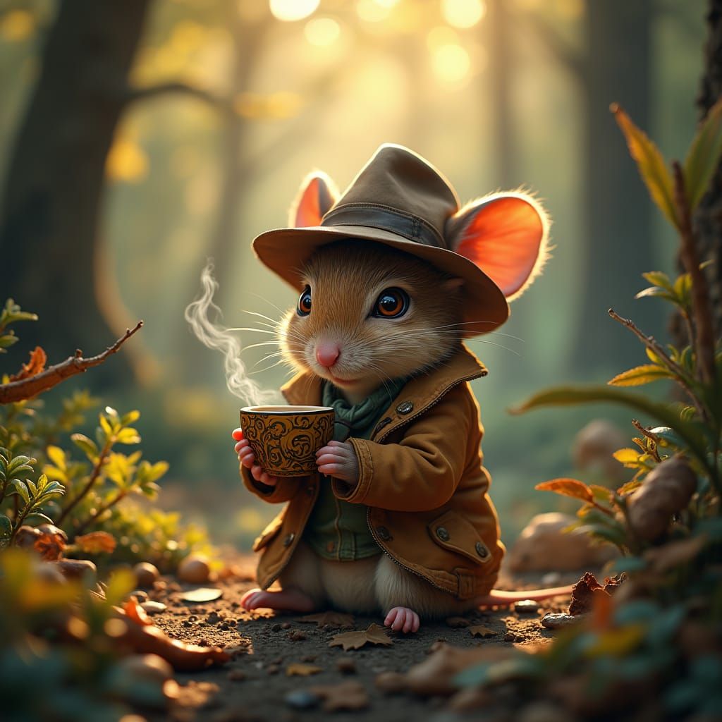 Mouse Sips Coffee in Whimsical Forest Scene