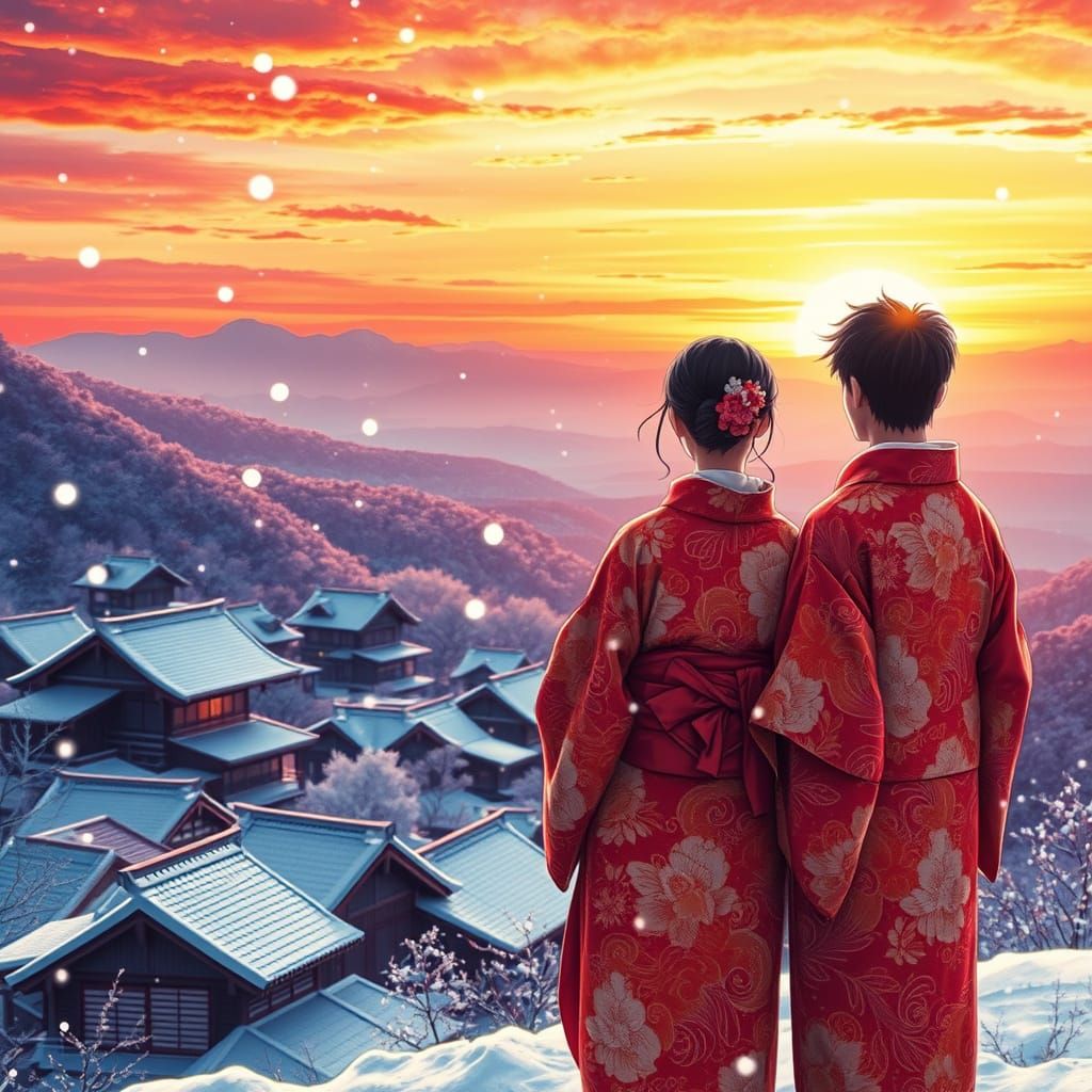 Traditional Japanese Couple Admires Sunset at Mountain Peak ...