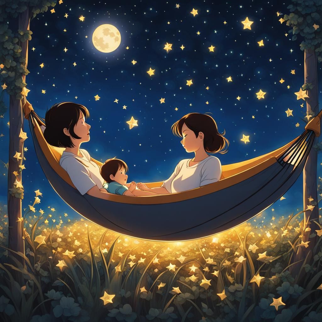 Mother and Child Gaze at Starry Sky in Ghibli Style