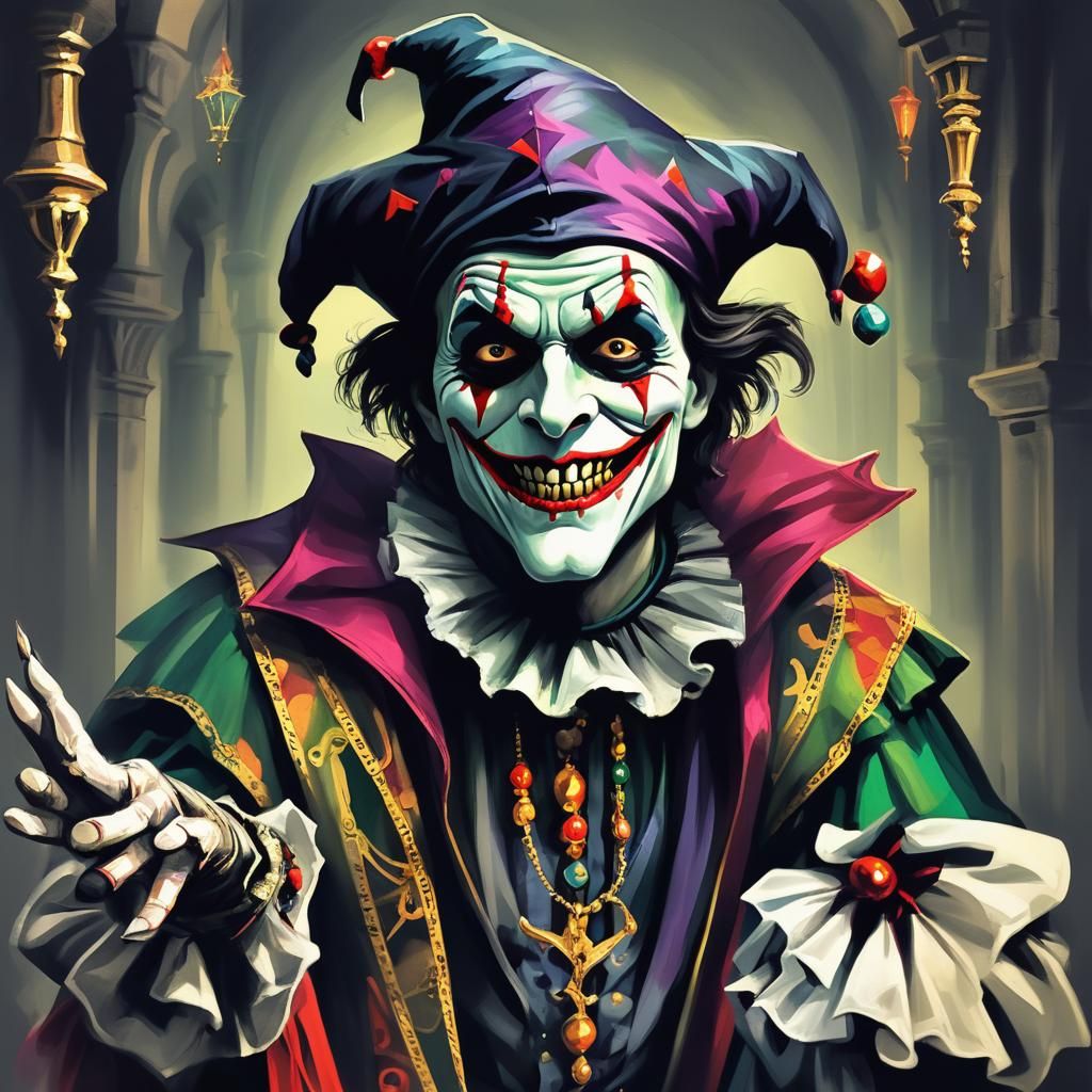 Sinister Jester Literary Illustration: Haunting Portrait
