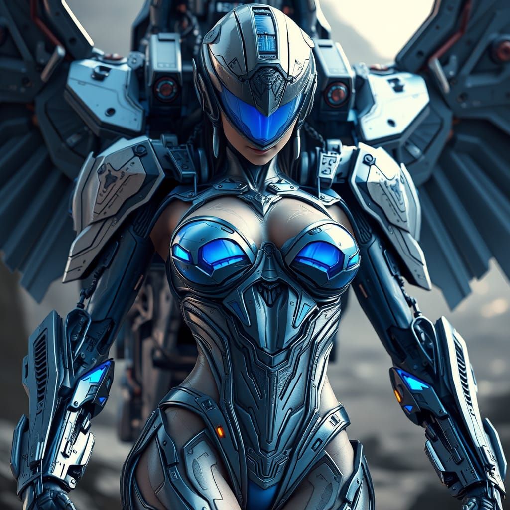 Sensual Female Mecha Angel in Polished Metal Armor