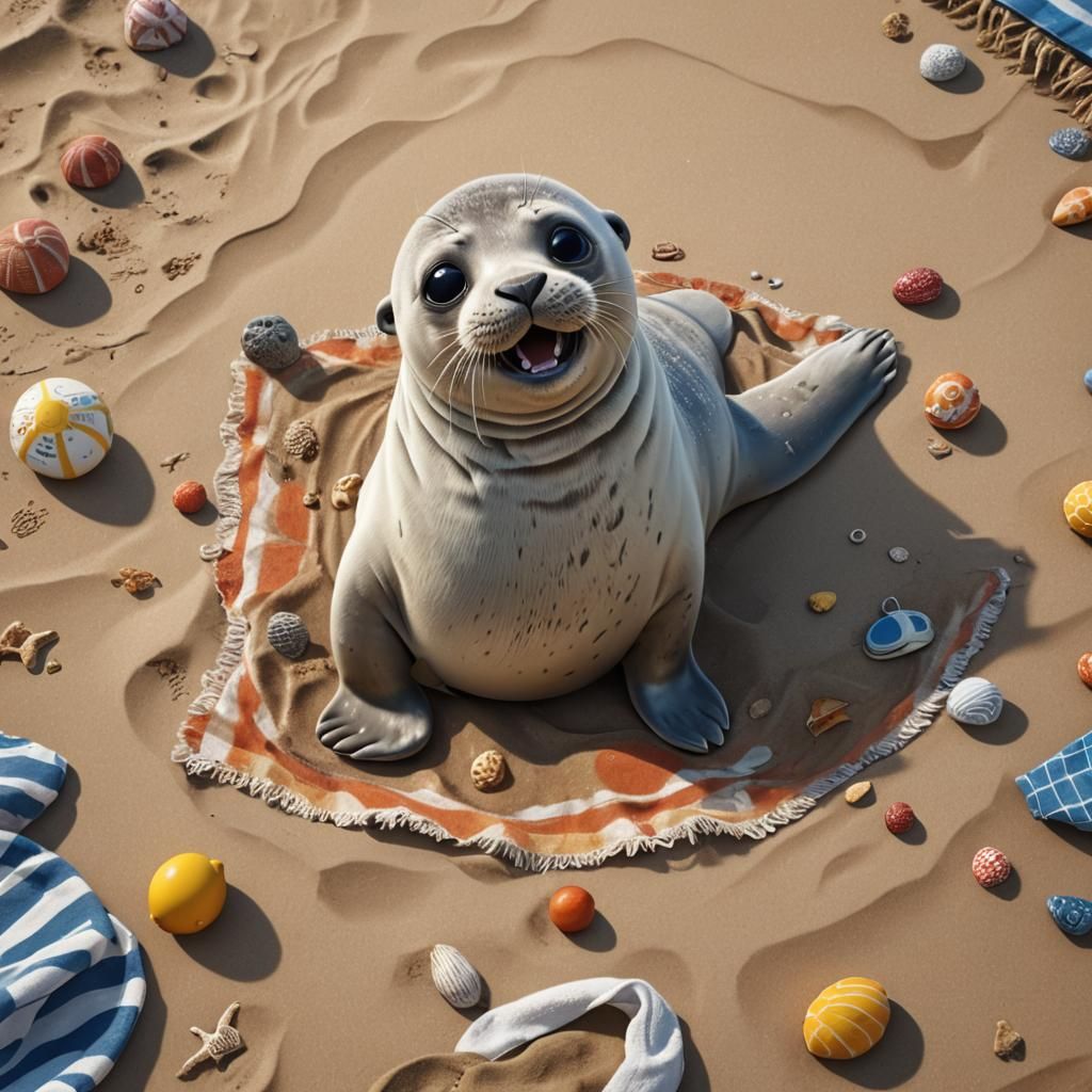 Happy Seal Sunbathing: Detailed Fantasy Art