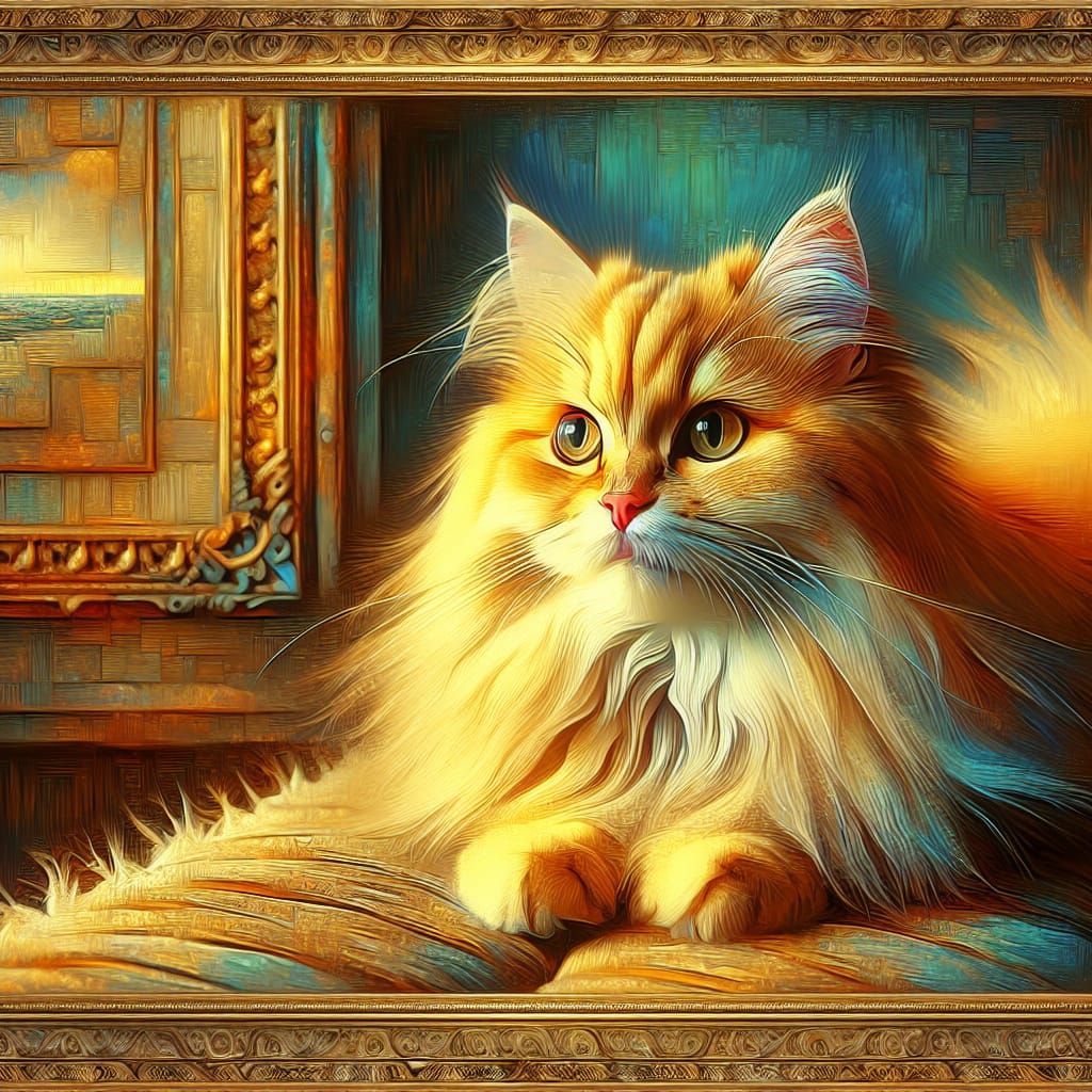 Golden Cat with Fluffy Fur in Realism Art Style
