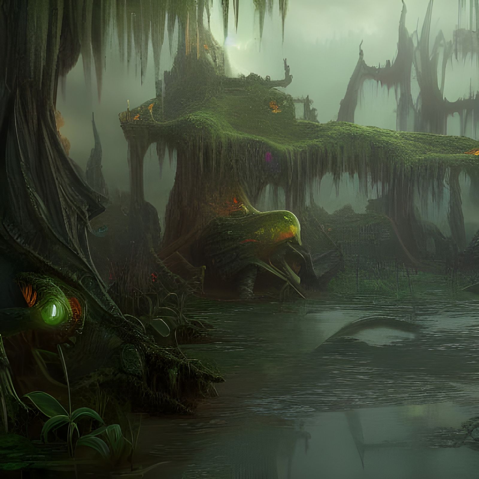 Fantastical Swamp Top View: Detailed Matte Painting