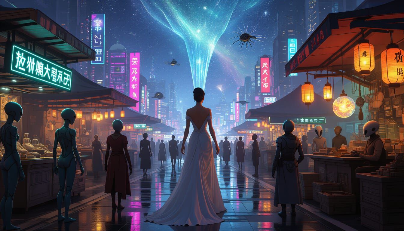 Woman in Alien Market, Futuristic Cityscape