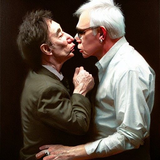 Dramatic Oil Painting of Two Men Kissing