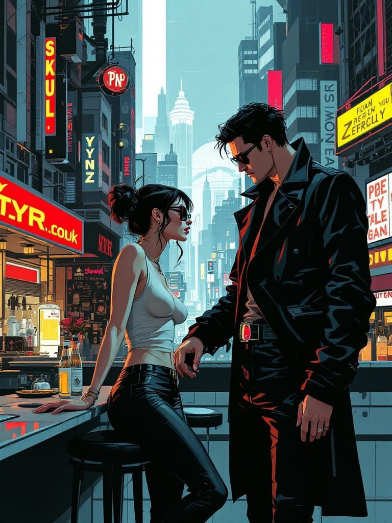 Retro-Futurist Cityscape: A Bar Encounter