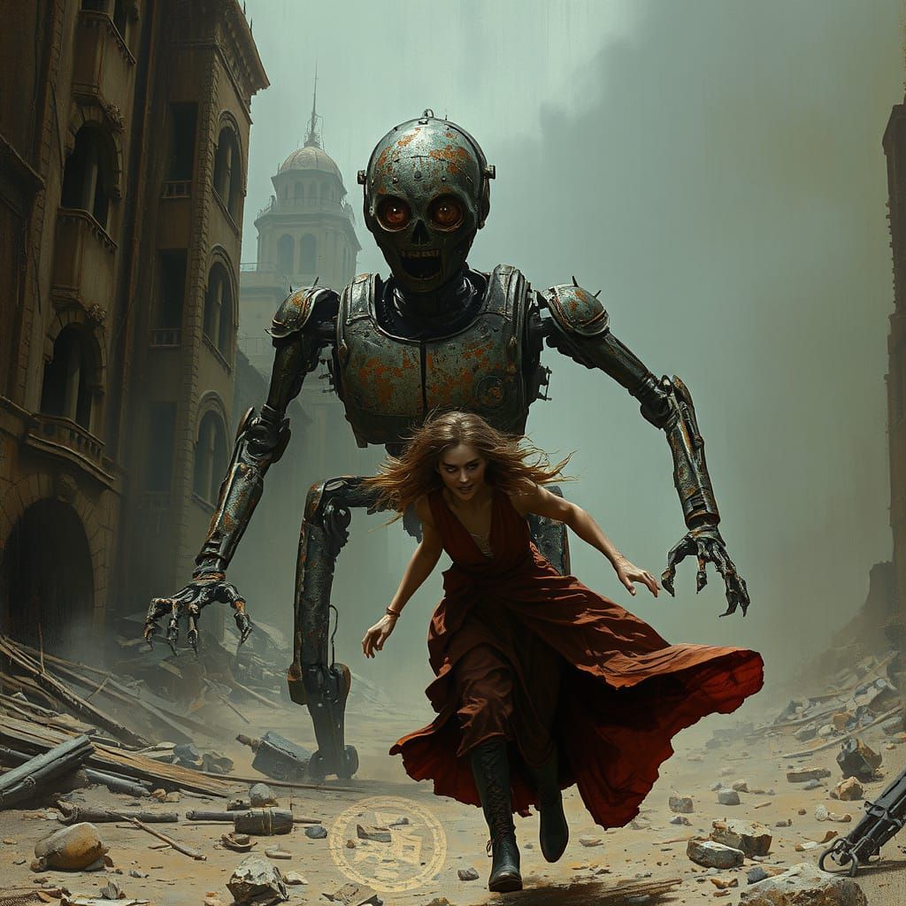 Woman Chased by a Decaying Robot in a Post-Apocalyptic Waste...