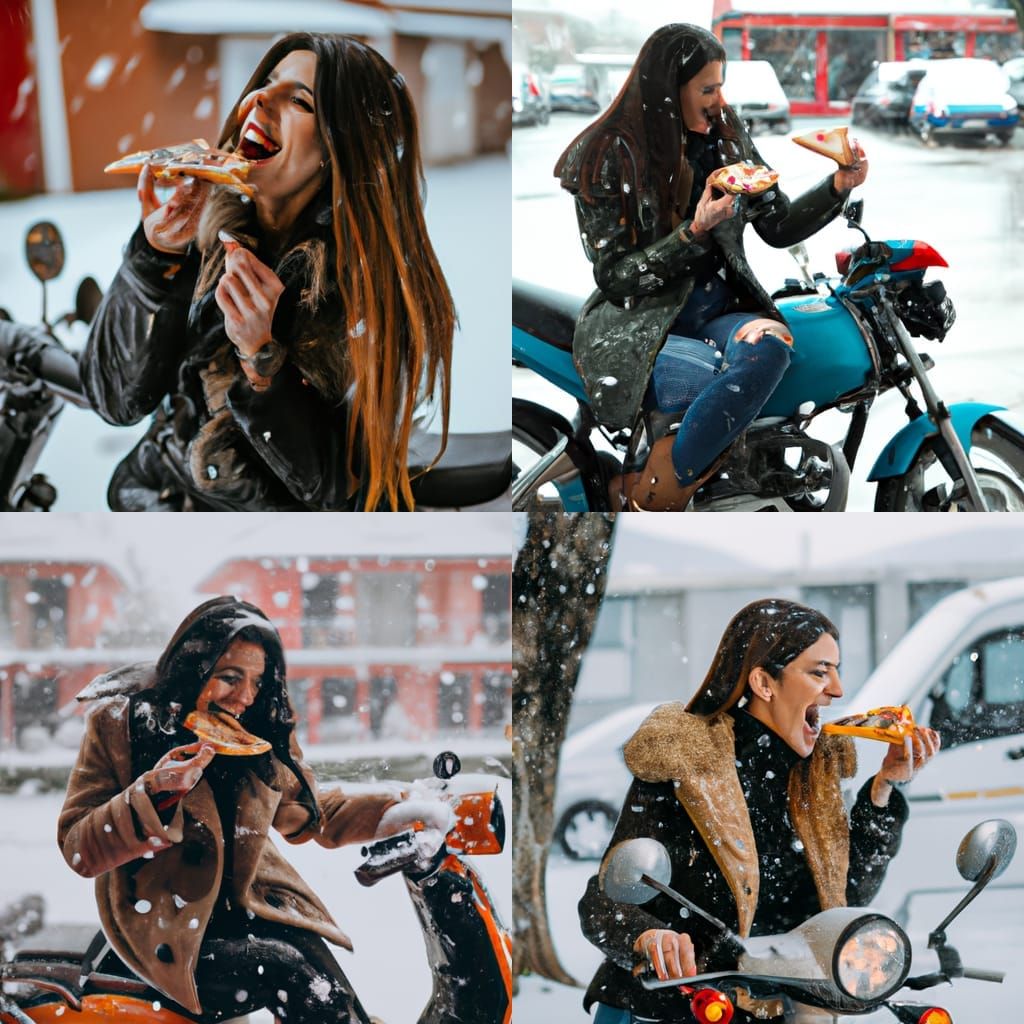 Woman on Motorbike Eating Pizza in Snow
