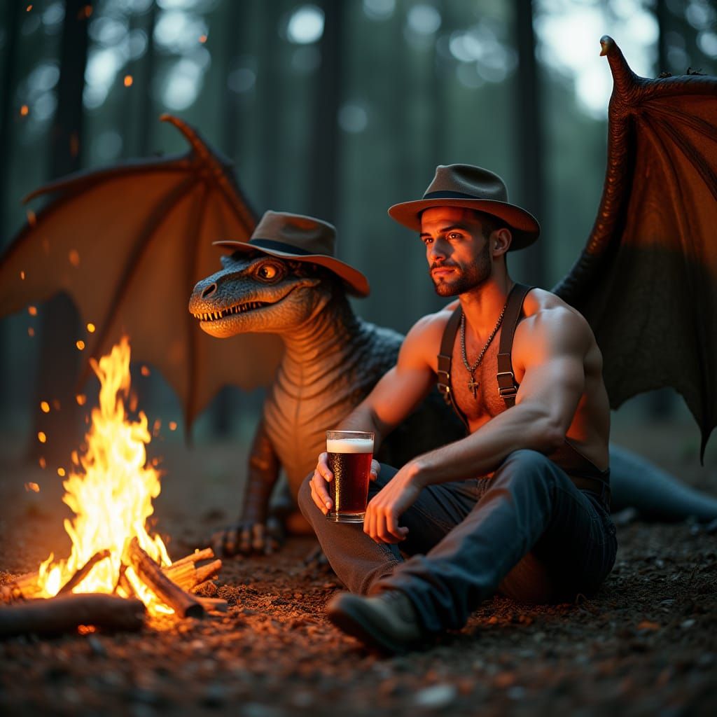 Humorous Plumber and Dragon Campfire Scene