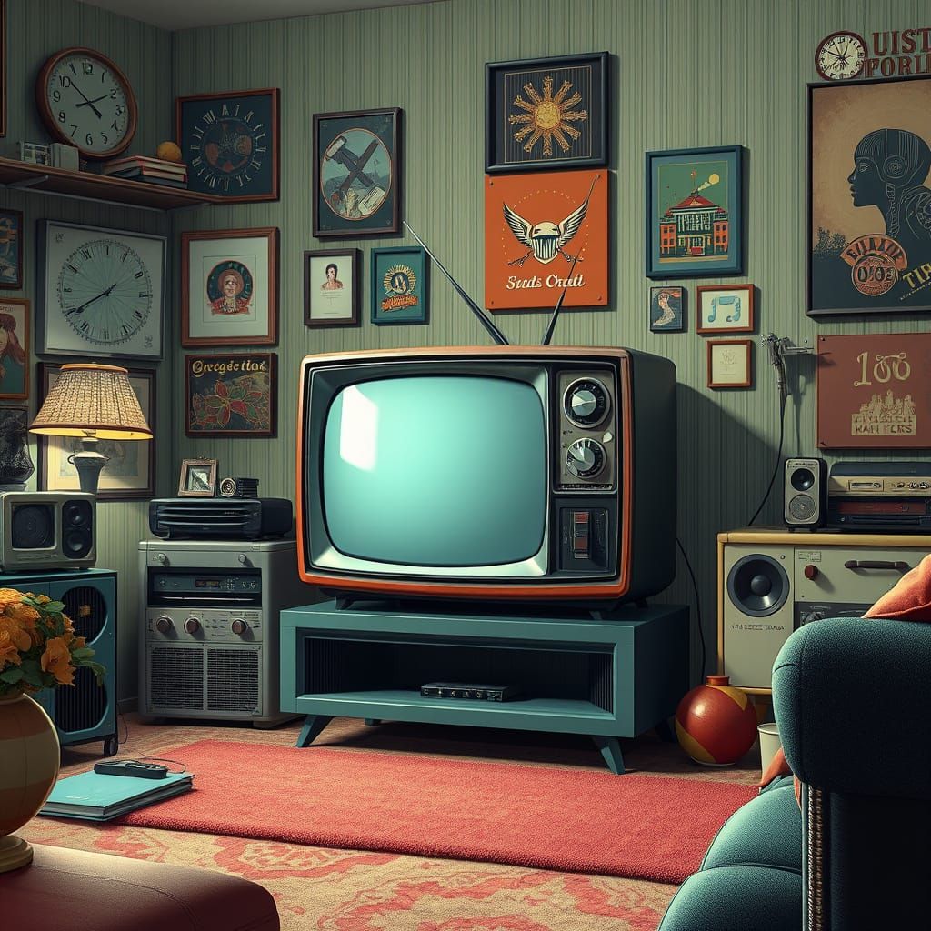 Retro Futuristic Living Room Scene in Vibrant Digital Art
