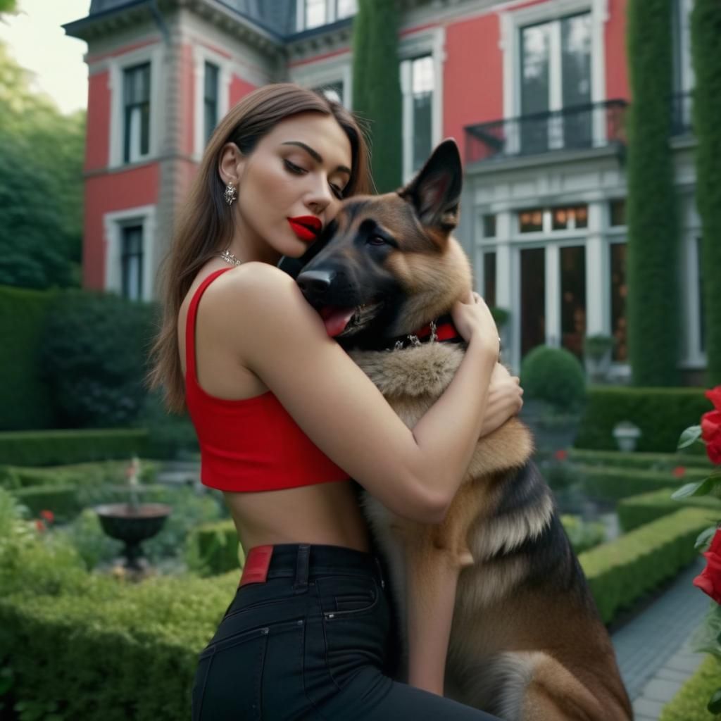 Woman and Alsatian in New York Mansion