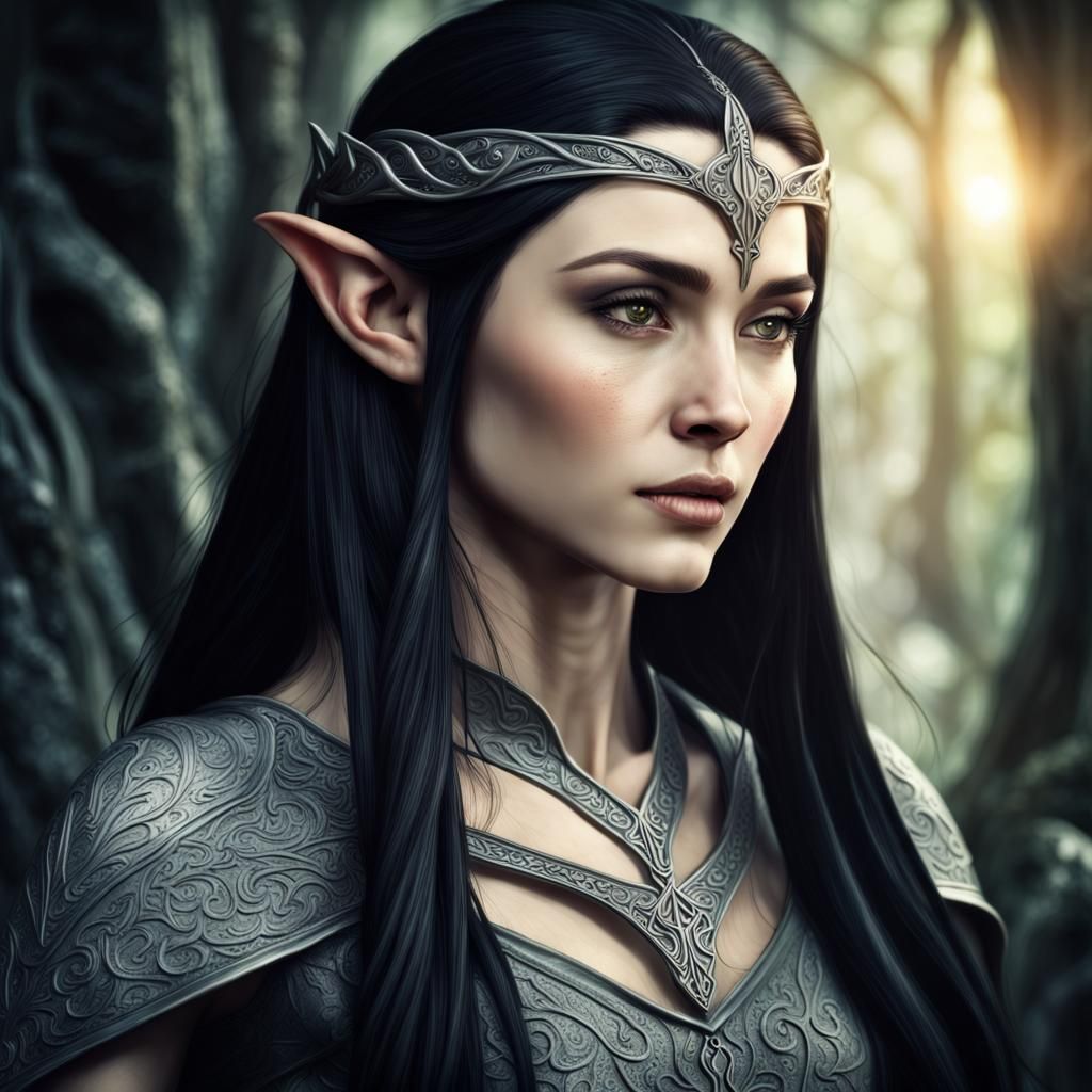Beautiful Elven Woman with Long Black Hair: Hyperrealistic
