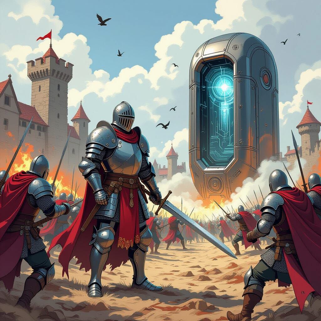 Knight and Time Machine on Battlefield in Comic Art Style