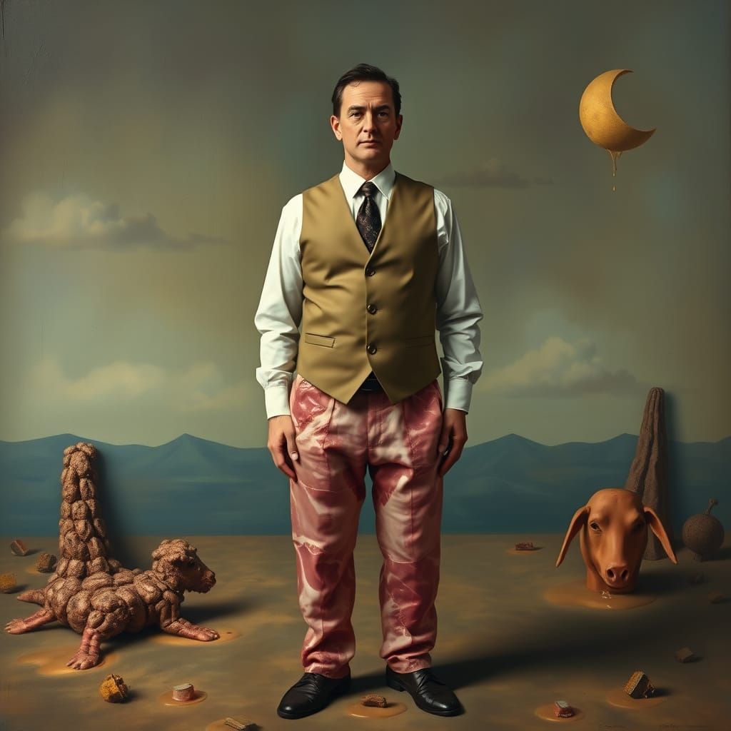 Surreal Pork Chop Suit in Dreamlike Scene