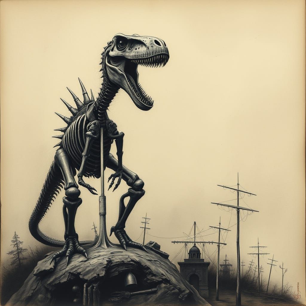 Mechanical Dinosaur Exoskeleton in Whimsical Charcoal Style