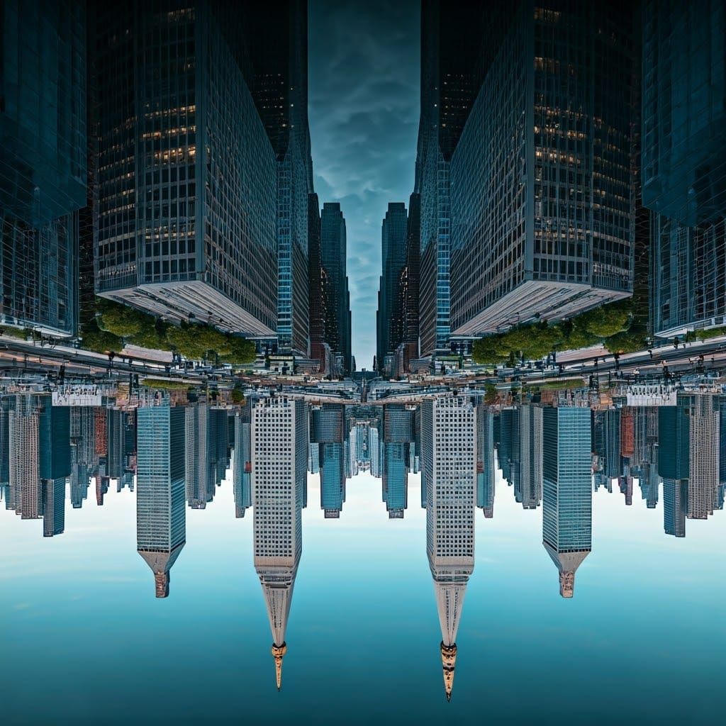 Impossible Cityscape: Dreamlike Metropolis in Upward Reflect...