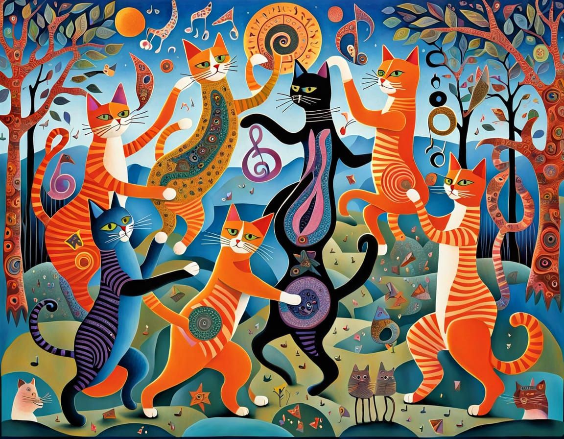 Whimsical Cats Dancing in Vibrant 3D Art