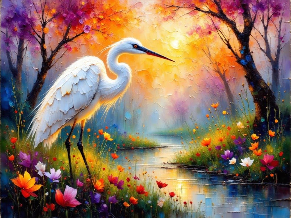 Ethereal Egret in Fairy Spring Landscape