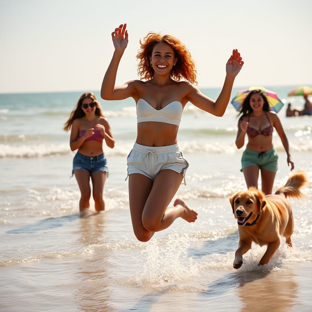Vibrant Beachside Frisbee Scene in Whimsical Cinematic Style